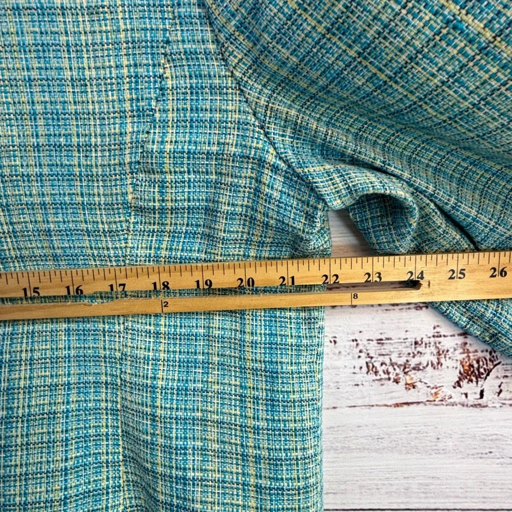 Vintage‎ Mod Coastal Grandmacore Tweed Jacket L Boxy Teal Blue Yellow Woven Poly